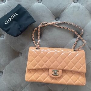 CHANEL Classic Medium Double Flap Bag peach patent
